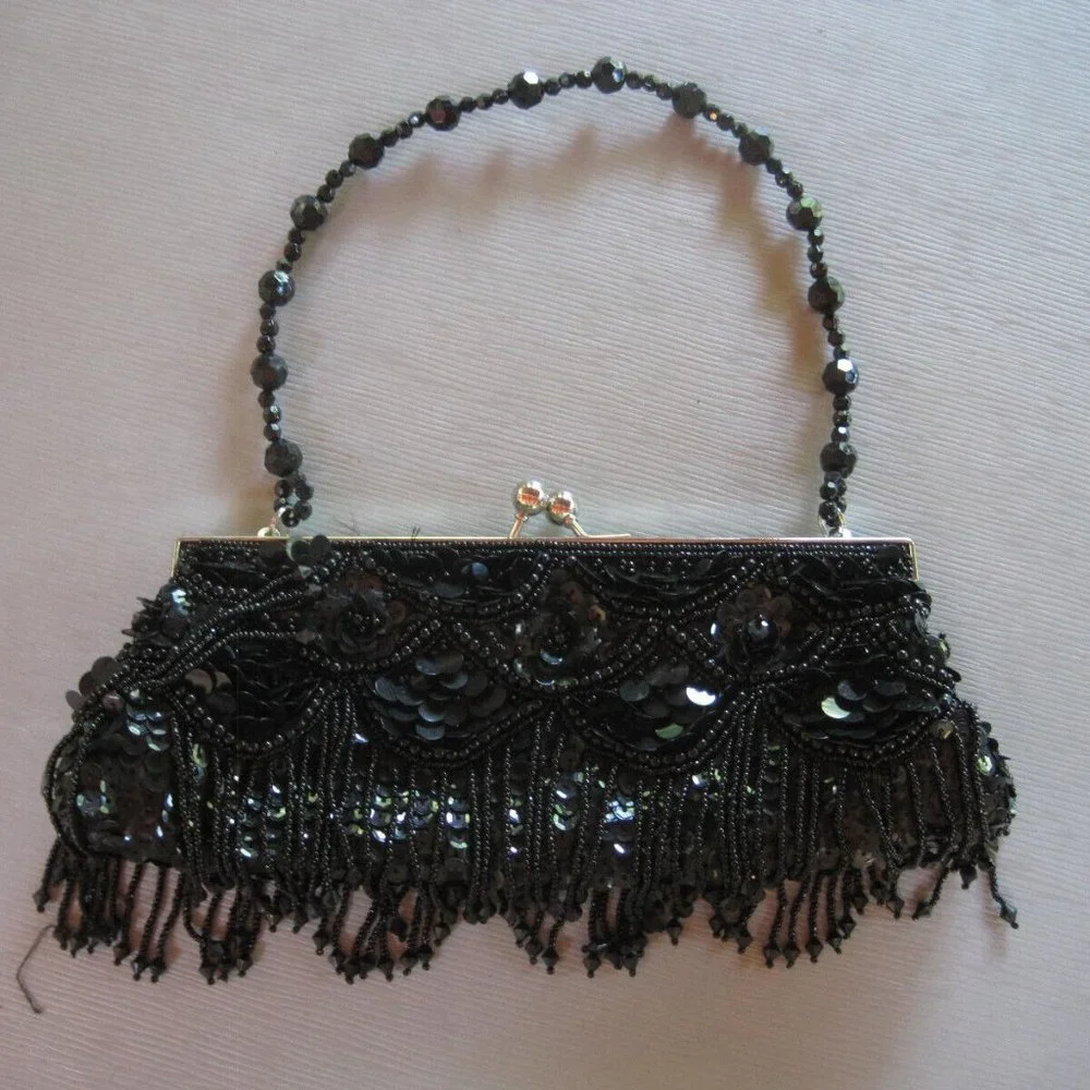VINTAGE Black Evening Bag/clutch BEADED STRAP, Kiss clasp closure